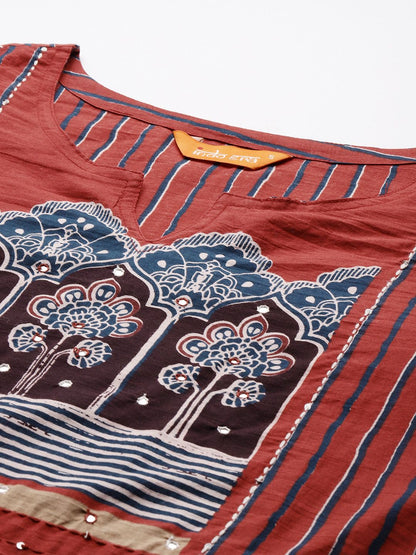 Dhiyona IE Women Striped Regular Mirror Work Pure Cotton Kurta with Trousers & With Dupatta