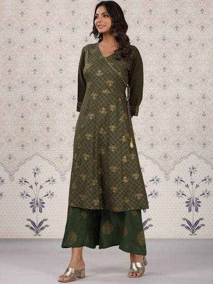 Dhiyona OD  Olive Green & Gold Printed V Neck Angrakha Kurta With Palazzos