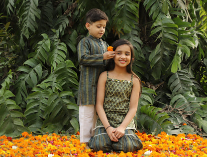 Girls stylish Folklore print kurta with Sharara set