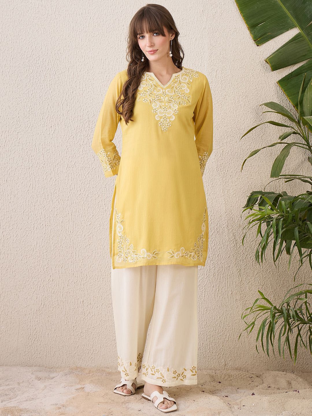 Floral Embroidered Notch Neck Pure Cotton Straight Kurta With Trousers