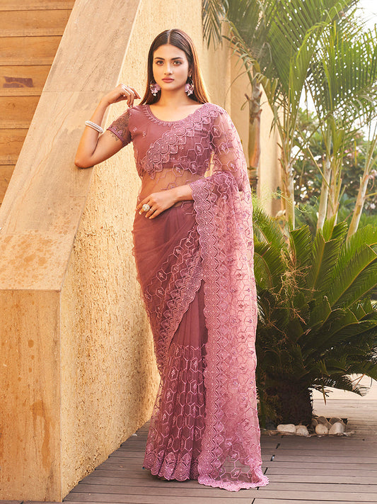 Dhiyona TI Women's Mauve Colored Net Embroidered Saree with Faux Diamonds with Unstitched Blouse