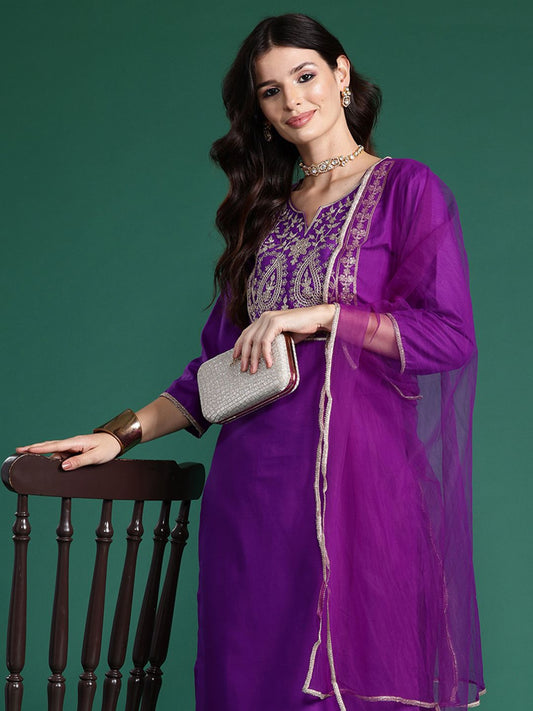 Dhiyona IE Ethnic Motifs Embroidered Regular Liva Kurta with Trousers & Dupatta
