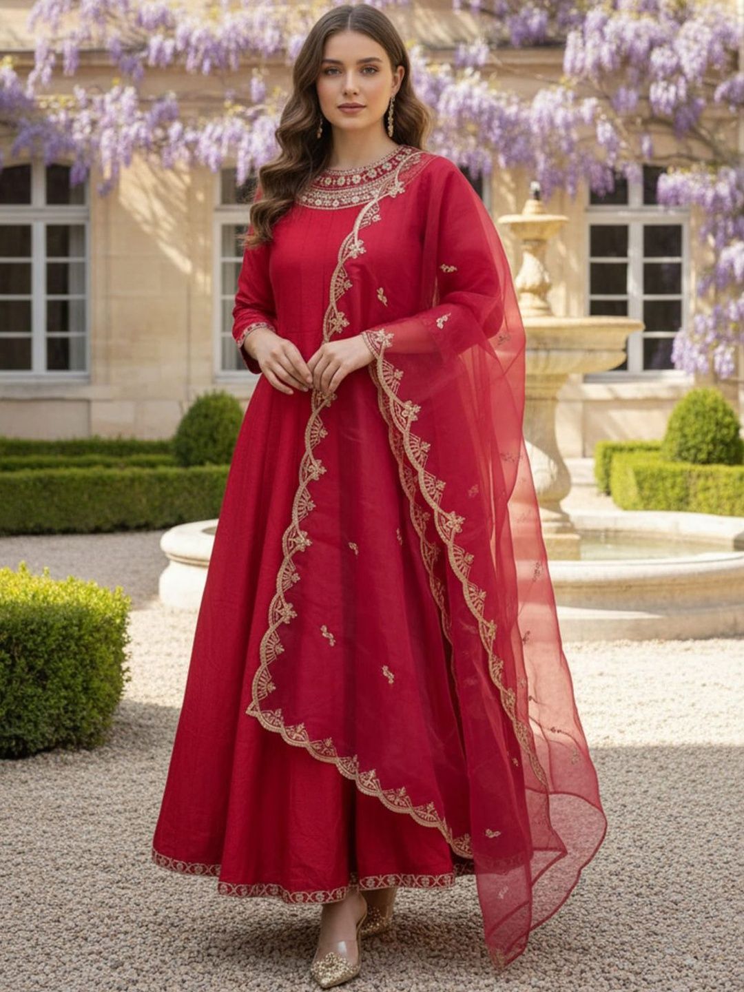 Floral Embroidered Zari Work Panelled Anarkali Kurta With Trouser & Dupatta