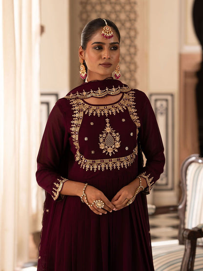 Dhiyona CH Floral Embroidered Mirror Work Georgette Anarkali Kurta with Trousers & Dupatta