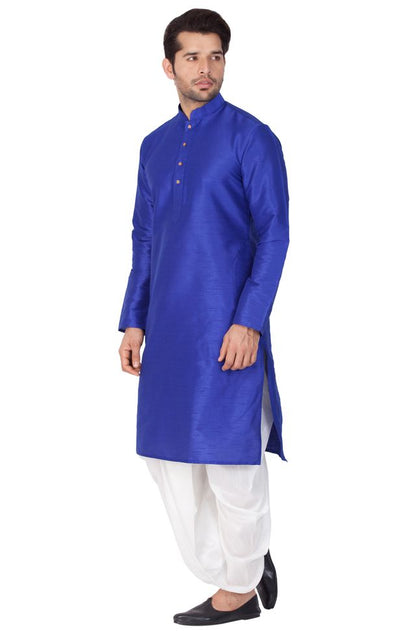 Men's Blue Silk Blend Straight Kurta and Dhoti Set