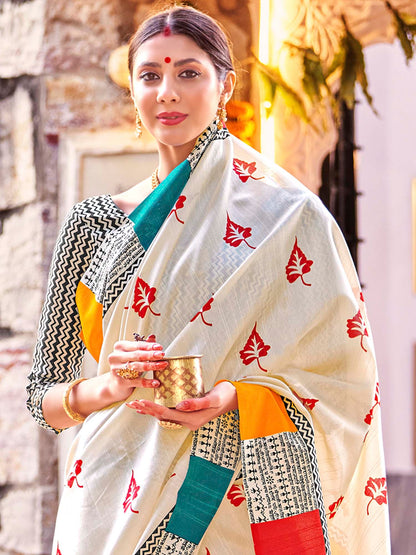 Women's Bhagalpuri Silk Cream Printed Designer Saree With Blouse Piece