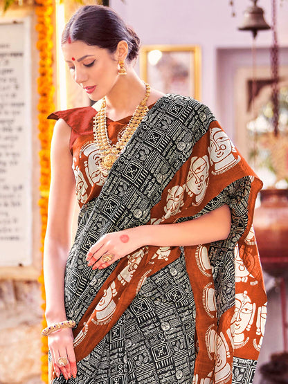 Women's Bhagalpuri Silk Black Printed Designer Saree With Blouse Piece