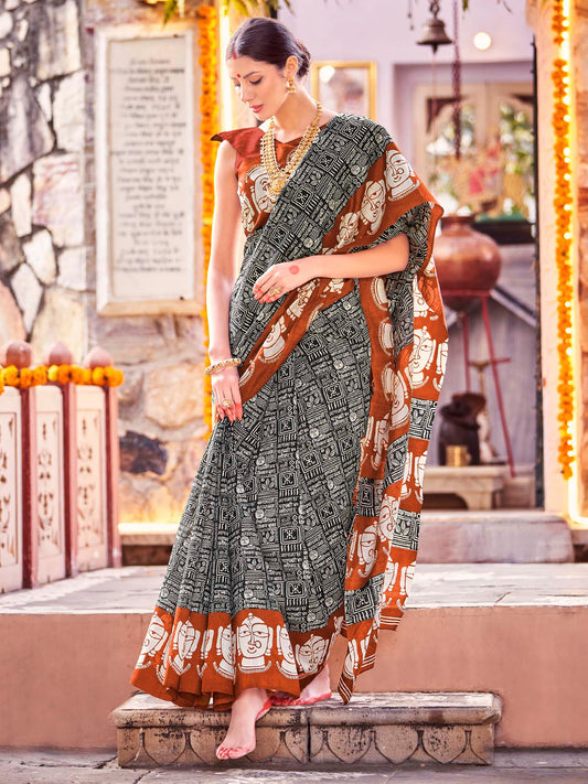 Women's Bhagalpuri Silk Black Printed Designer Saree With Blouse Piece