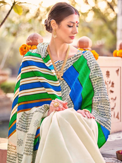 Women's Bhagalpuri Silk Cream Printed Designer Saree With Blouse Piece