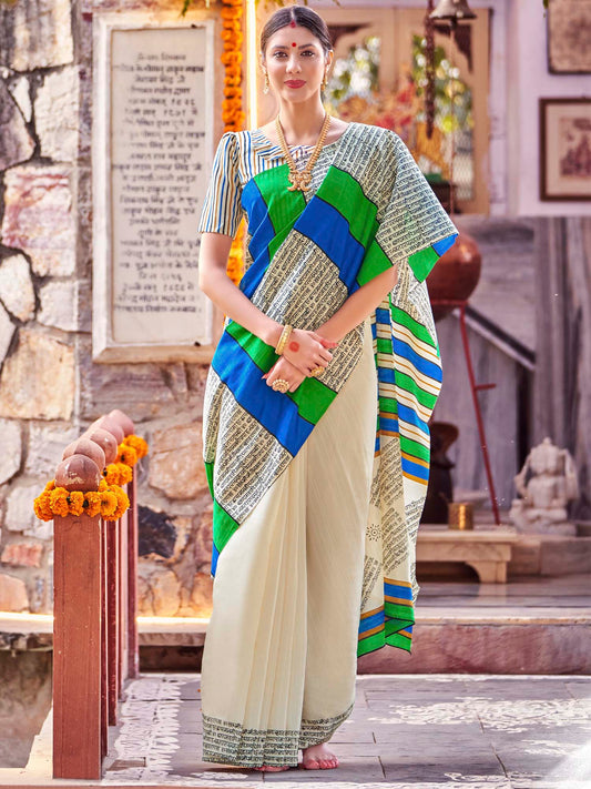 Women's Bhagalpuri Silk Cream Printed Designer Saree With Blouse Piece