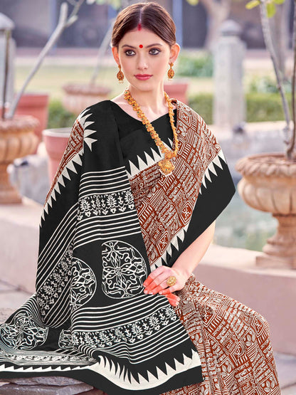 Women's Bhagalpuri Silk Brown Printed Designer Saree With Blouse Piece