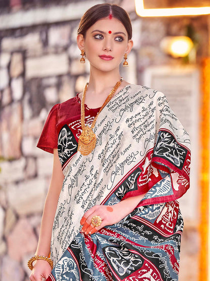 Women's Bhagalpuri Silk Off White Printed Designer Saree With Blouse Piece