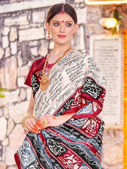 Women's Bhagalpuri Silk Off White Printed Designer Saree With Blouse Piece