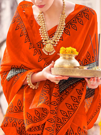 Women's Bhagalpuri Silk Orange Printed Designer Saree With Blouse Piece
