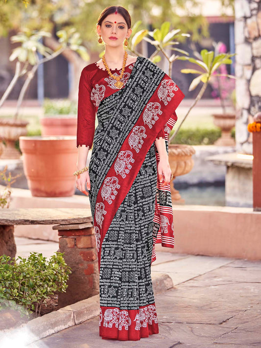 Women's Bhagalpuri Silk Black Printed Designer Saree With Blouse Piece