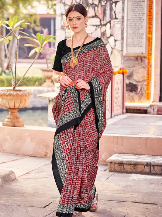 Women's Bhagalpuri Silk Maroon Printed Designer Saree With Blouse Piece