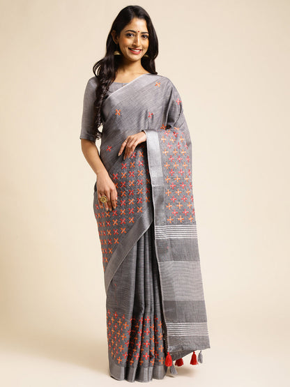 Dhiyona GR Women's CT Grey Cotton Linen Silk Embroidered Saree