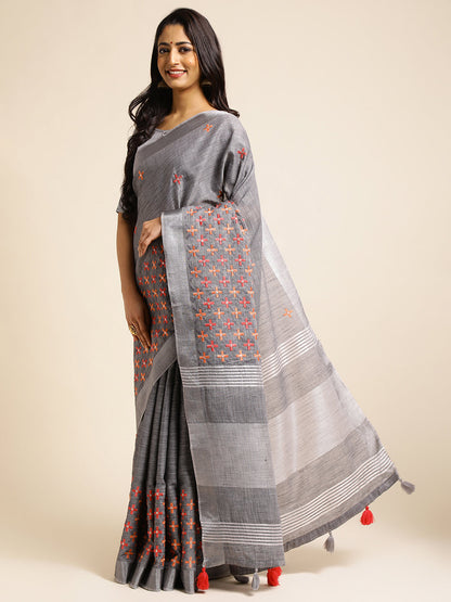 Dhiyona GR Women's CT Grey Cotton Linen Silk Embroidered Saree