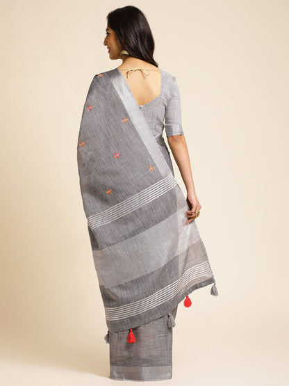 Dhiyona GR Women's CT Grey Cotton Linen Silk Embroidered Saree