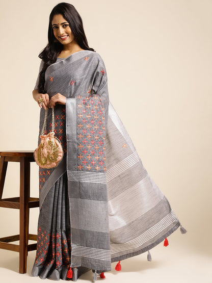Dhiyona GR Women's CT Grey Cotton Linen Silk Embroidered Saree