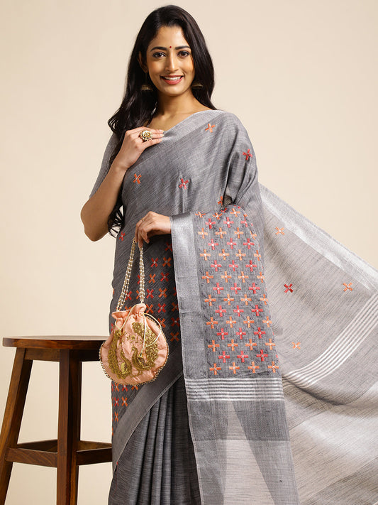 Dhiyona GR Women's CT Grey Cotton Linen Silk Embroidered Saree