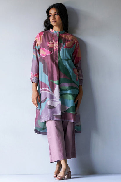 Women's Dusty Lilac and Rose Pink Mix Colored Bemberg Silk Printed Co-ord Set