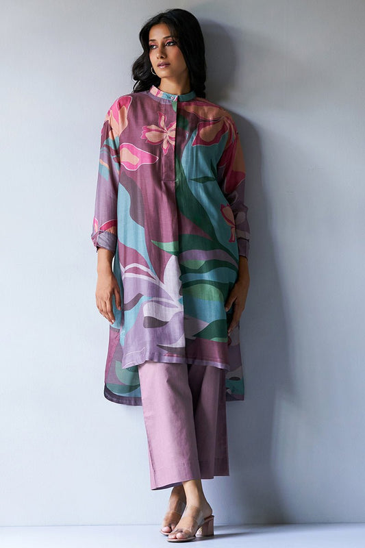 Women's Dusty Lilac and Rose Pink Mix Colored Bemberg Silk Printed Co-ord Set
