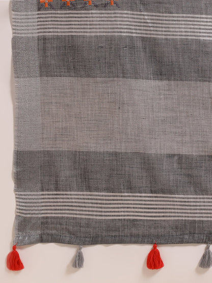 Dhiyona GR Women's CT Grey Cotton Linen Silk Embroidered Saree