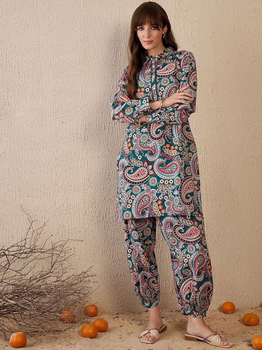 Dhiyona IE Printed Shirt Collar Pure Cotton Straight Tunic With Trouser