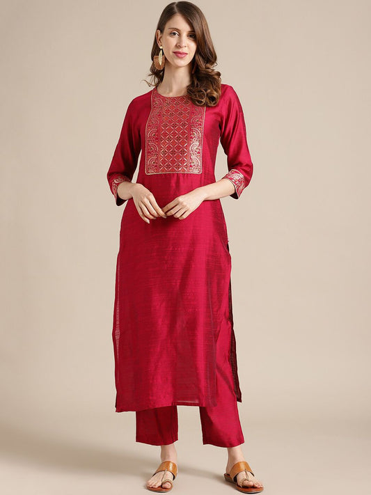 Dhiyona VA Women's Red Ethnic Motifs Yoke Design Kurta with Palazzos