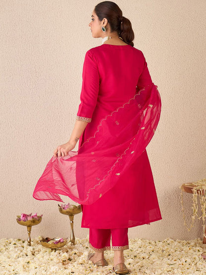 Embroidered Gotta Patti Work Notch Neck Kurta With Trousers & Dupatta