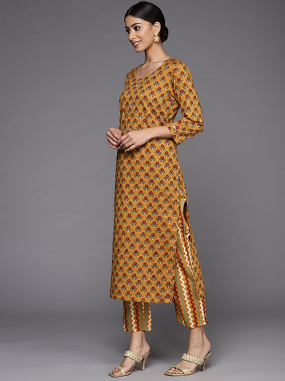 Dhiyona VA Women's Mustard Yellow Ethnic Motifs Printed Pure Cotton Kurta with Trousers & With Dupatta