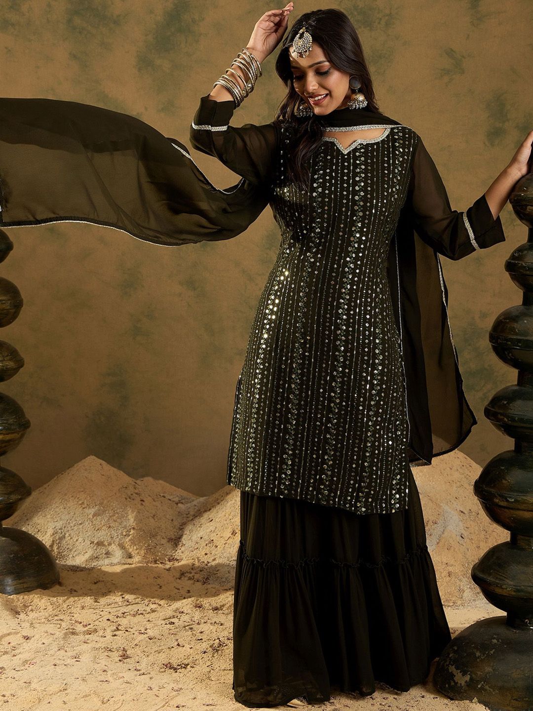 Dhiyona IE Women Ethnic Motifs Embroidered Regular Sequinned Kurta with Sharara & With Dupatta