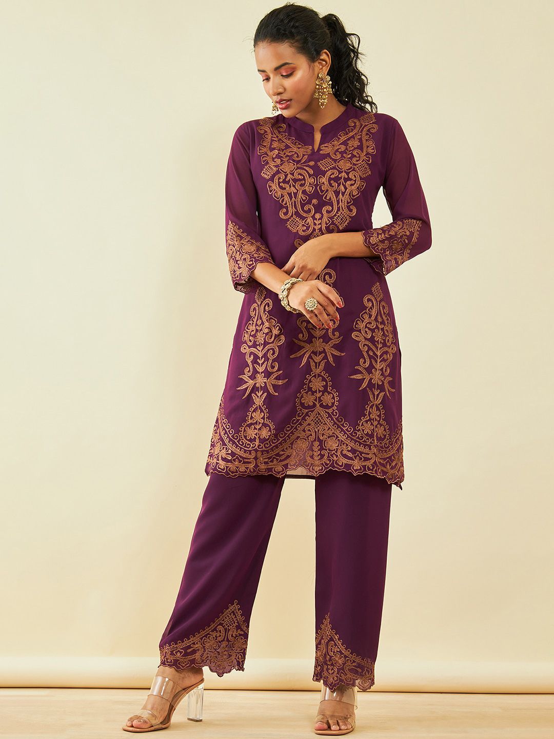 Dhiyona SO Women's Maroon Ethnic Motifs Embroidered Regular Thread Work Kurta with Palazzos