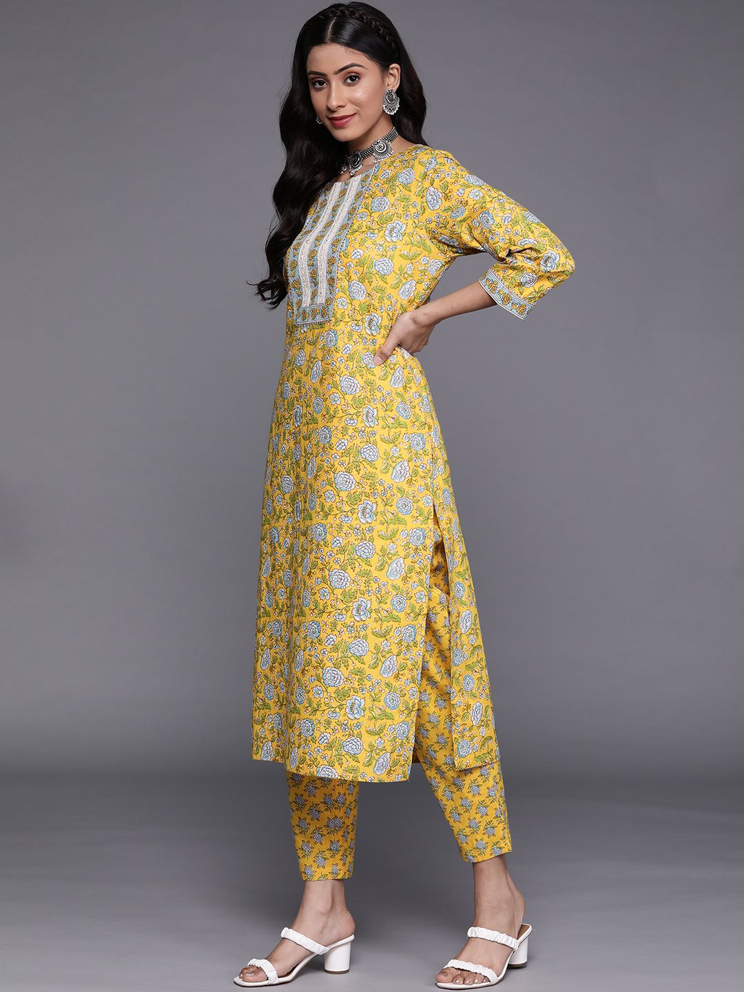 Dhiyona VA Women's Yellow Floral Printed Pure Cotton Kurta with Trousers & With Dupatta