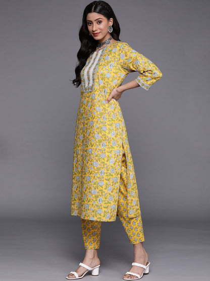 Dhiyona VA Women's Yellow Floral Printed Pure Cotton Kurta with Trousers & With Dupatta