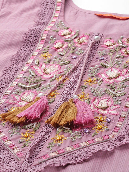 Dhiyona IE Floral Embroidered Thread Work Linen Kurta with Trousers & Dupatta