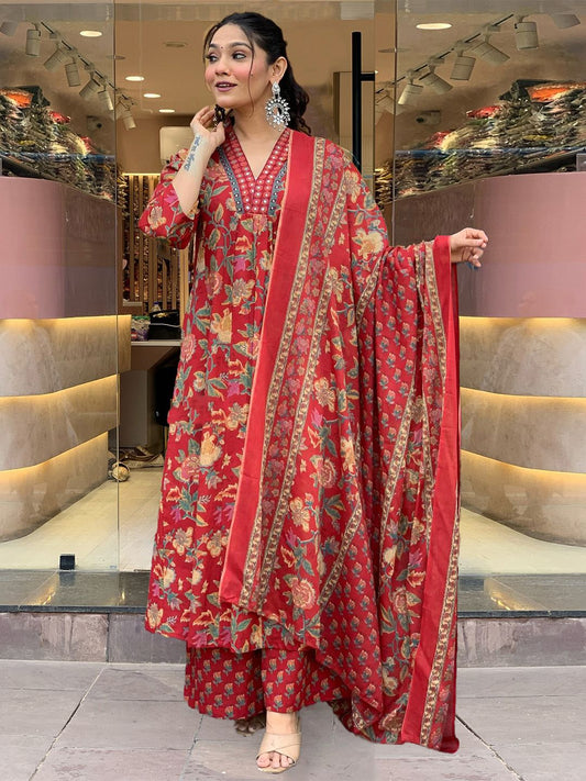 Dhiyona KL Women Floral Printed V-Neck Anarkali Kurta With Palazzos & Dupatta