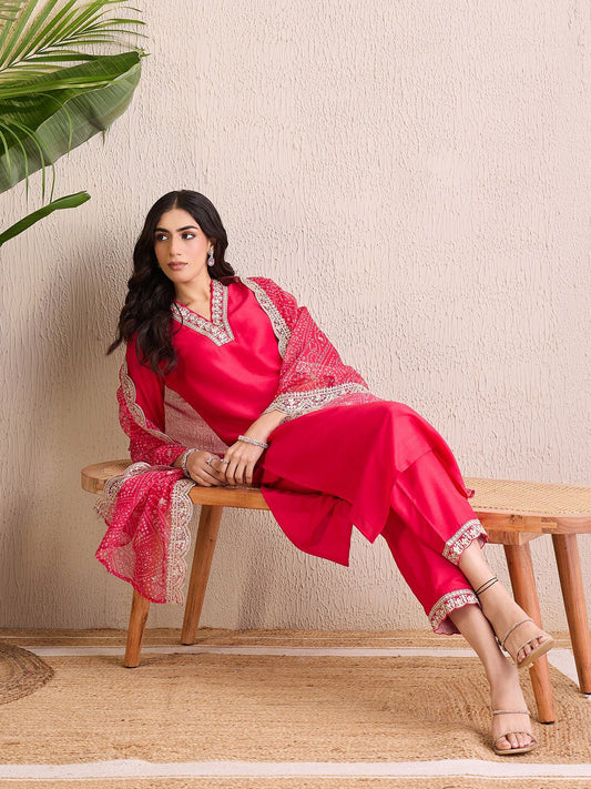 Dhiyona IE Women Ethnic Motifs Embroidered Regular Kurta with Trousers & With Dupatta
