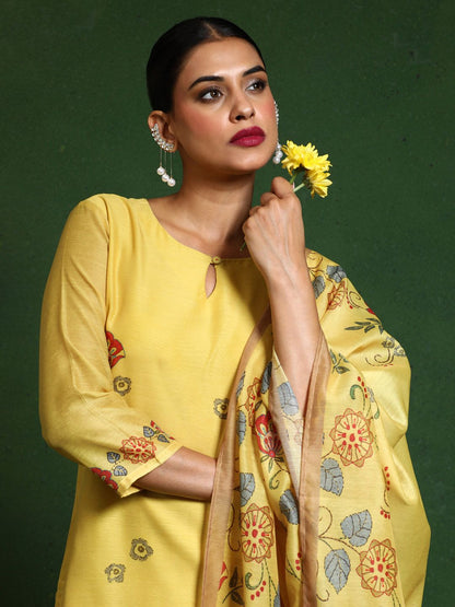 Dhiyona VA Women'sFloral Embroidered Sequinned Chanderi Silk Kurta with Trousers & Dupatta