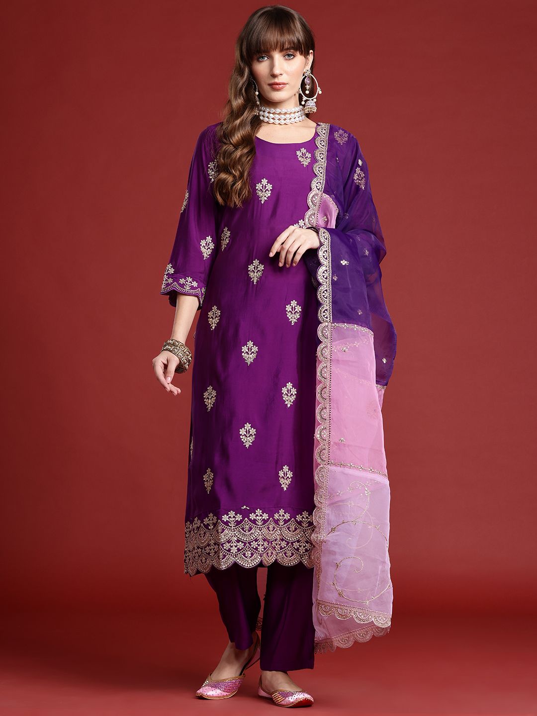Ethnic Motifs Embroidered Kurta With Trousers & Dupatta