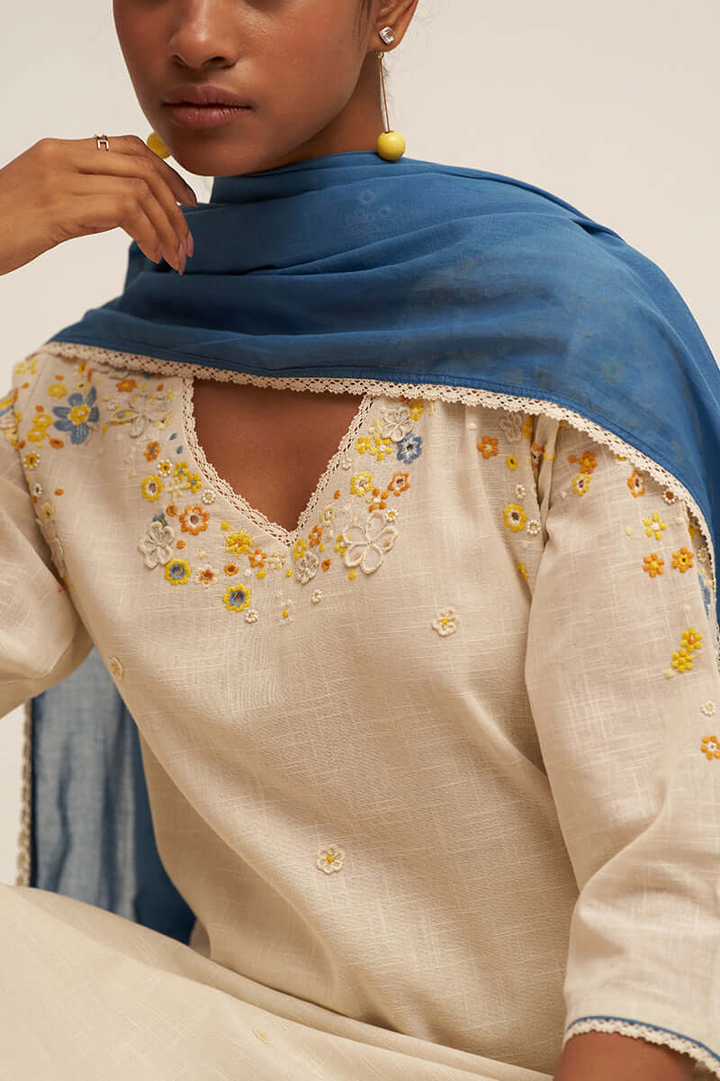 Women's Cream and Blue Cotton Linen Embroidered Salwar Suit