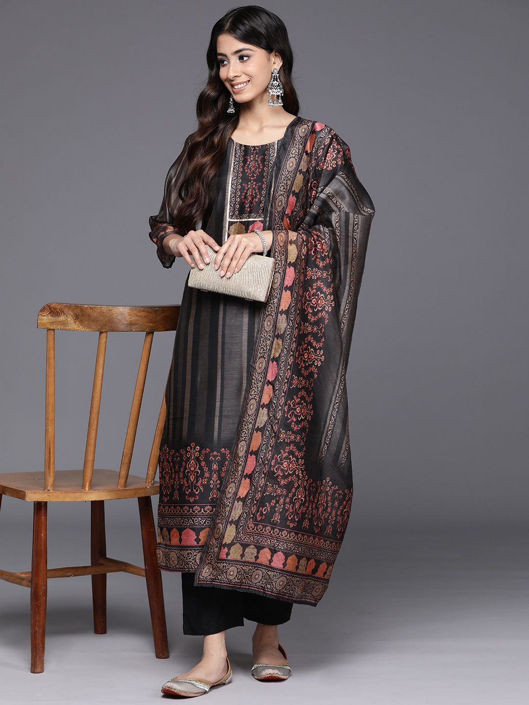 Dhiyona VA Women'sEthnic Motifs Printed Regular Chanderi Silk Kurta with Trousers & With Dupatta