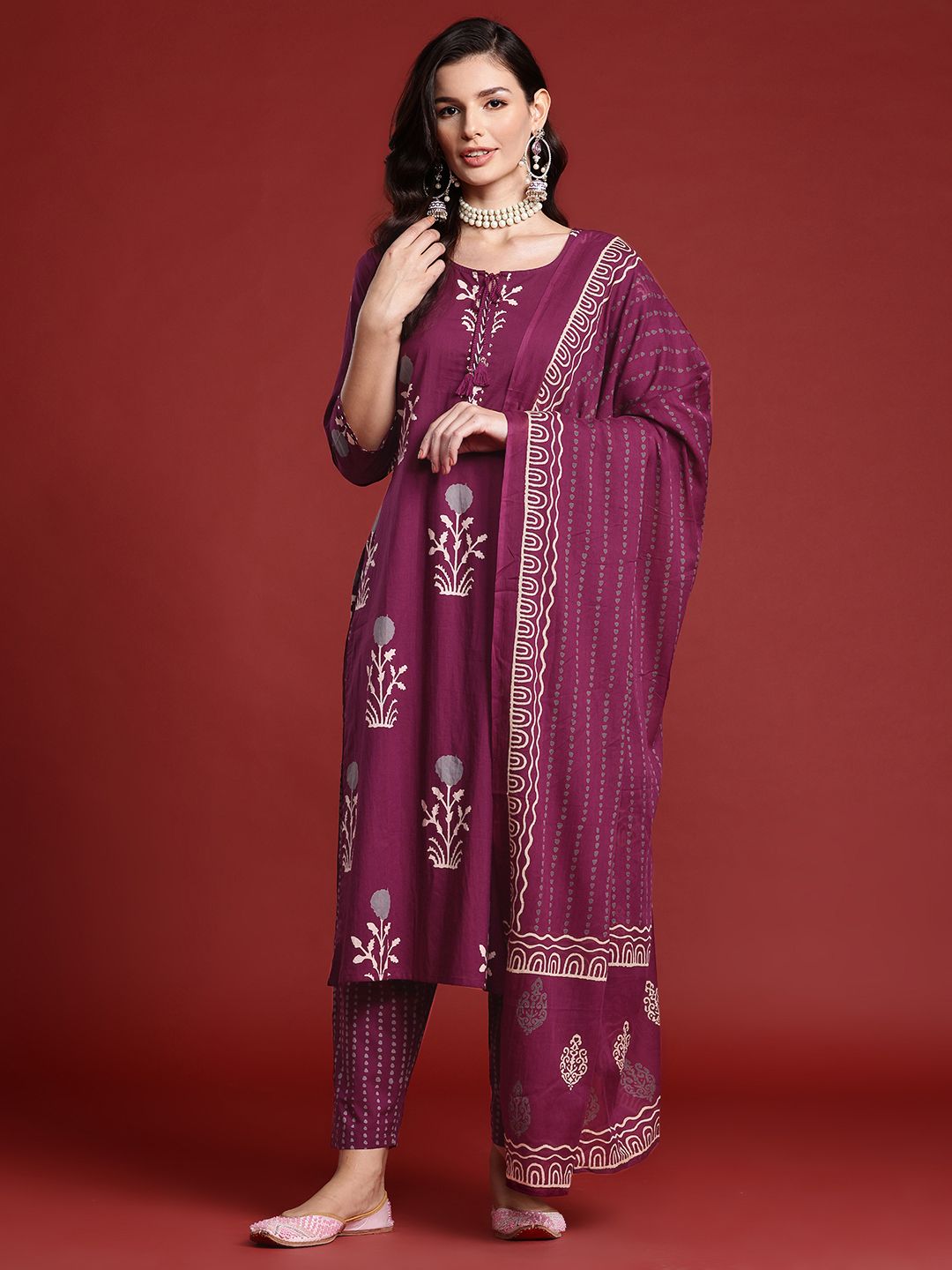 Dhiyona IE Floral Printed Pure Cotton Kurta With Trousers & Dupatta