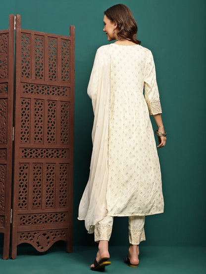 Dhiyona SN Women's Printed & Embroidered Anarkali Kurta With Trouser & Dupatta Set