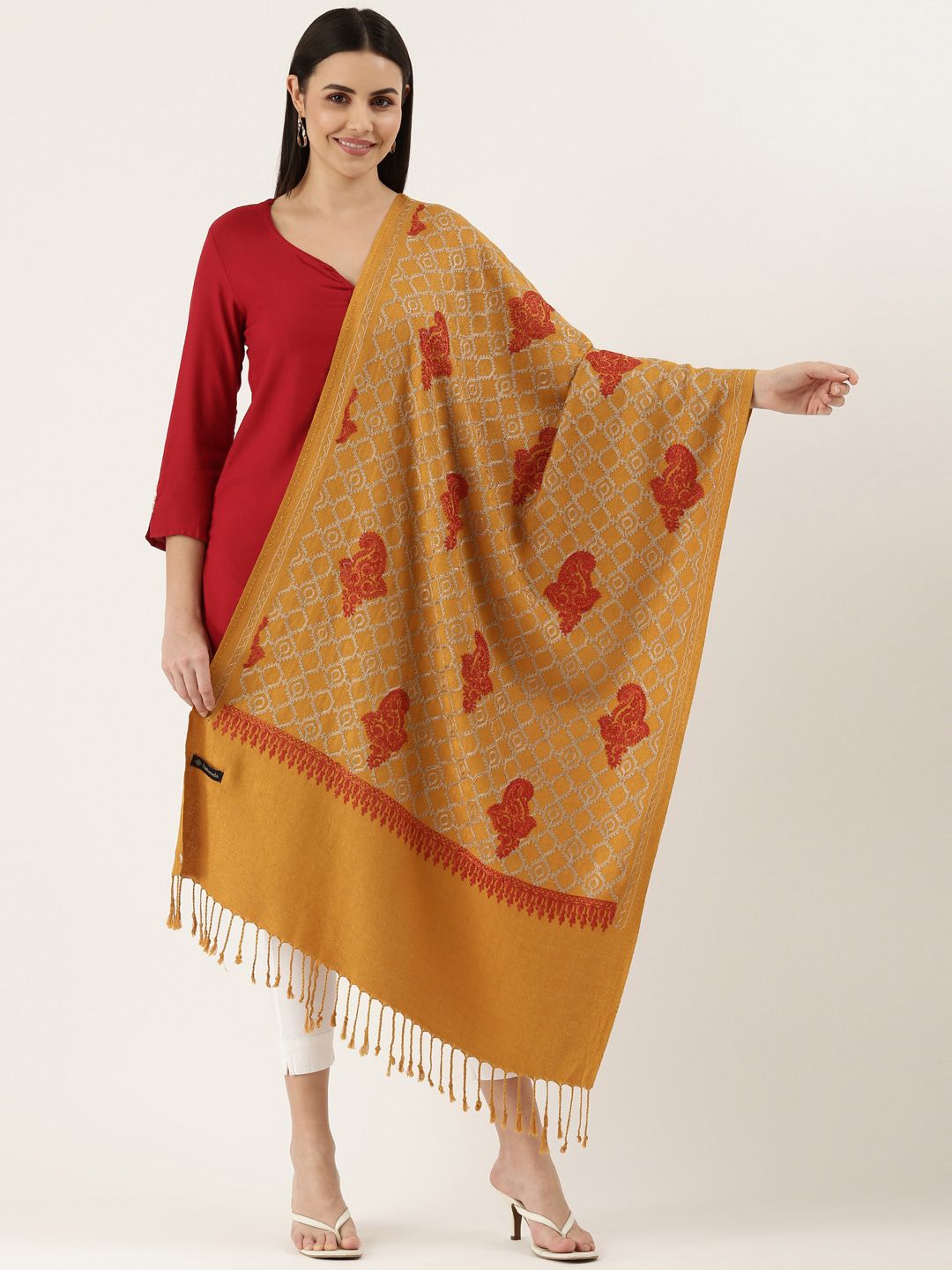 Dhiyona PA Women Mustard-Yellow Embroidered Shawl