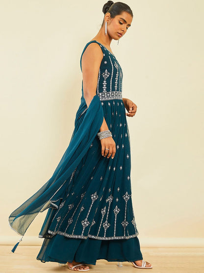 Dhiyona SO Women's Ethnic Motifs Embroidered Empire Georgette Kurta with Palazzos & Dupatta
