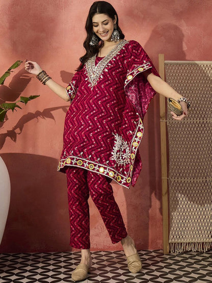 Dhiyona IS Women's Geometric Printed V-Neck Gotta Patti Kaftan Kurti With Trousers