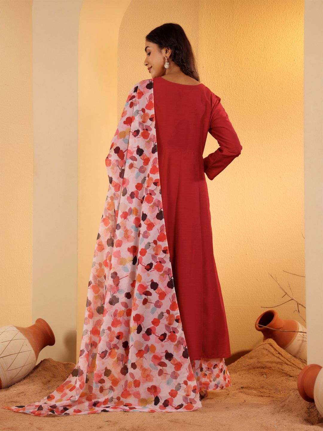 Dhiyona VA Women'sMaroon V-Neck Long Sleeves Anarkali Kurta With Palazzo & Dupatta