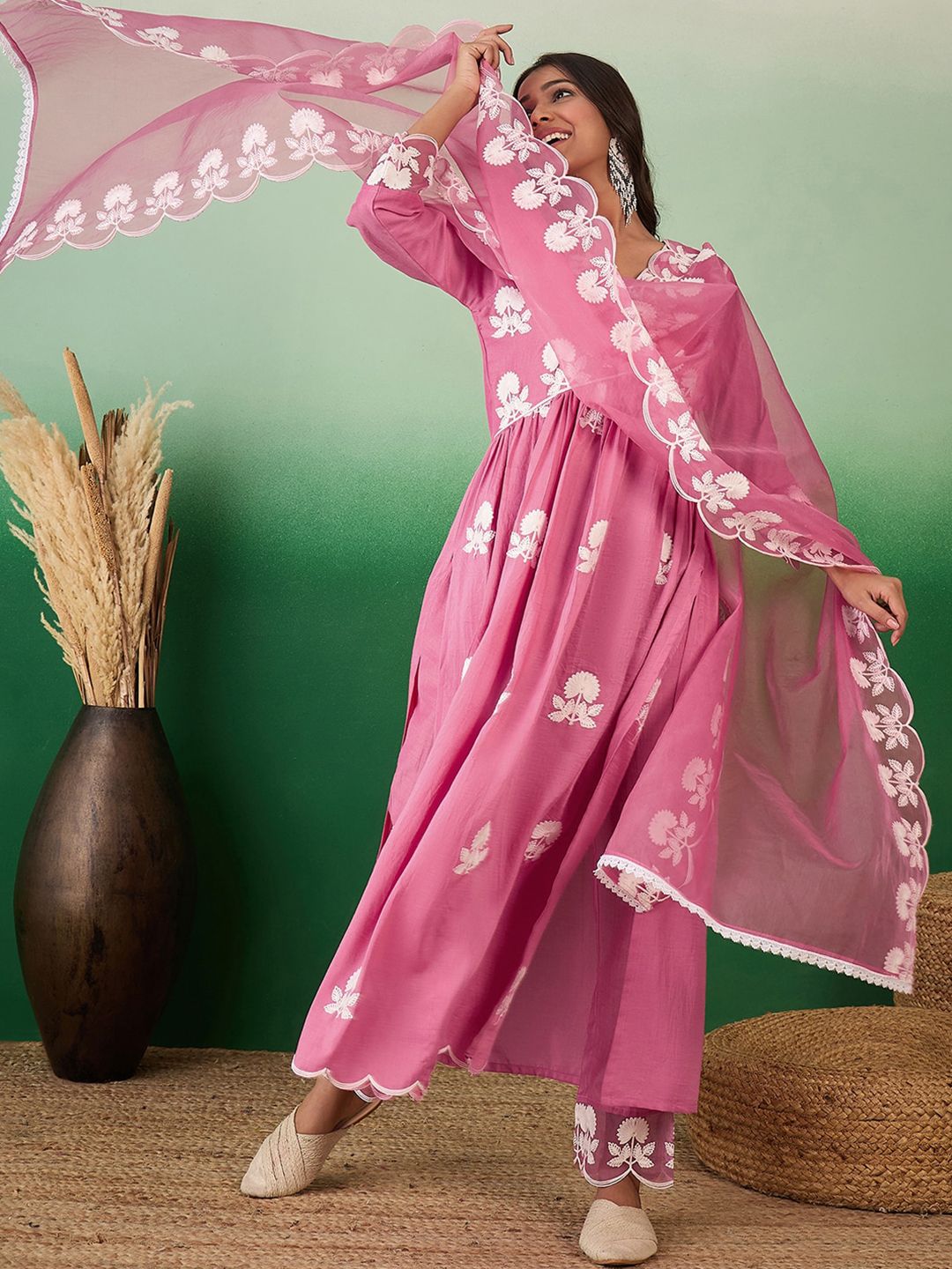 Dhiyona SN Women's Floral Embroidered V-Neck A-Line Kurta With Trousers & Dupatta